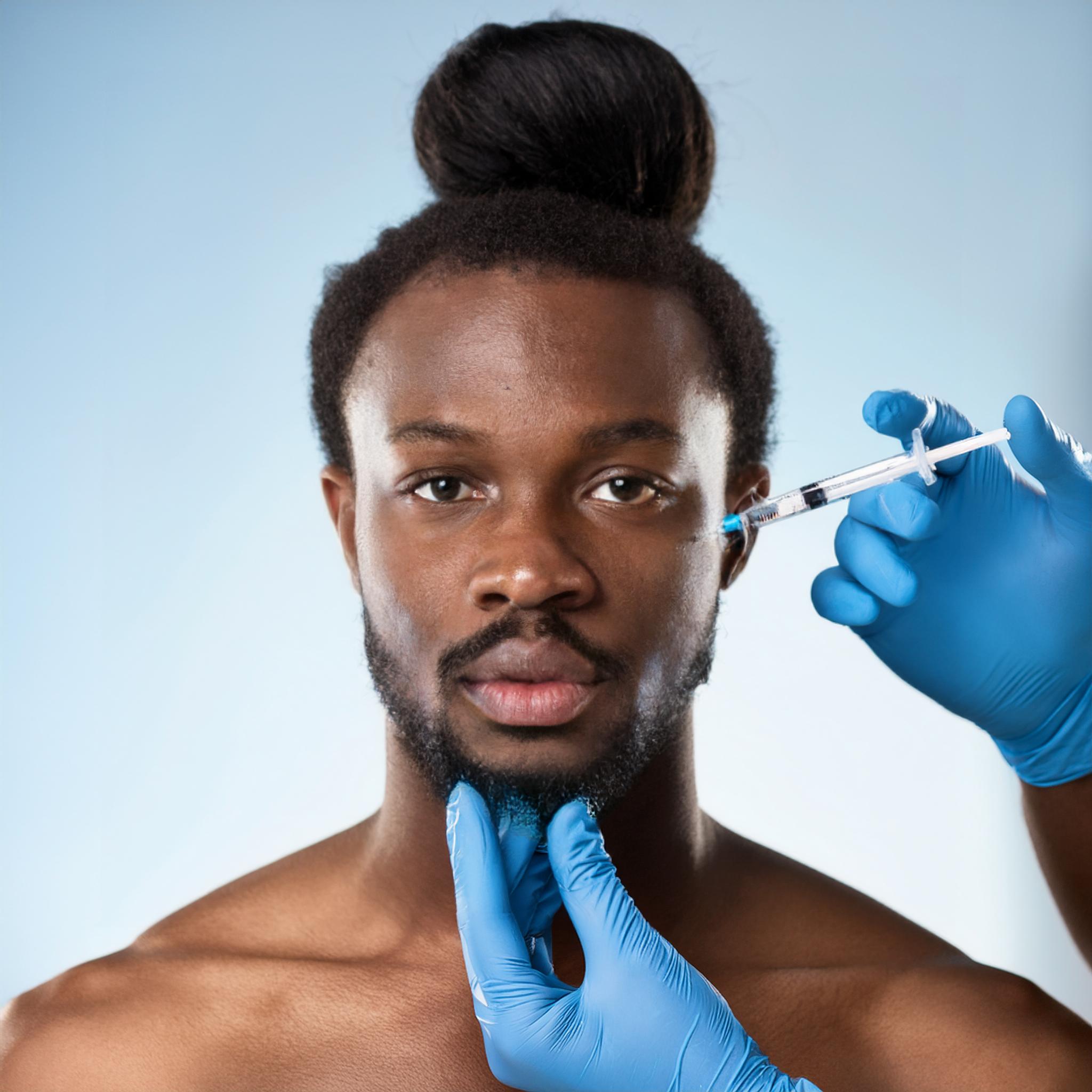 Male client receiving custom neuromodulator dosing calibrated for masculine features
