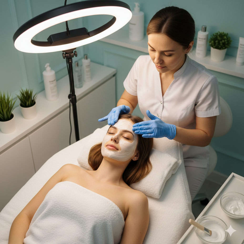 Esthetician performing a facial treatment on a client with a therapeutic mask in a modern skincare clinic, emphasizing customized care and professional-grade products.