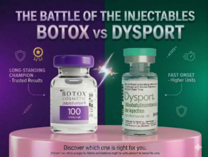 Botox and Dysport injectable vials comparison, highlighting differences in effectiveness and onset, with text "THE BATTLE OF THE INJECTABLES" and key features.