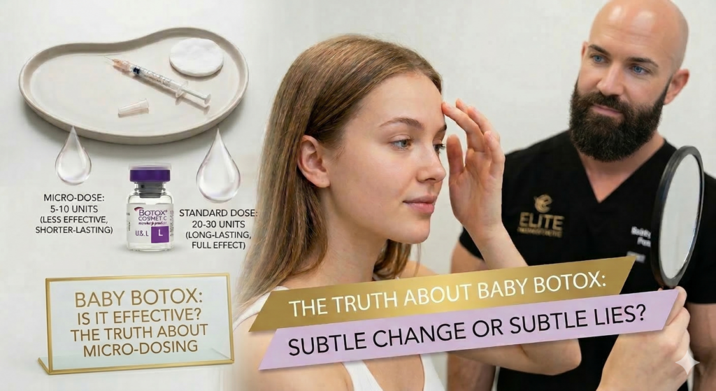 Woman examining her reflection while a male aesthetician prepares Botox vials, highlighting Baby Botox micro-dosing details and effectiveness comparison.